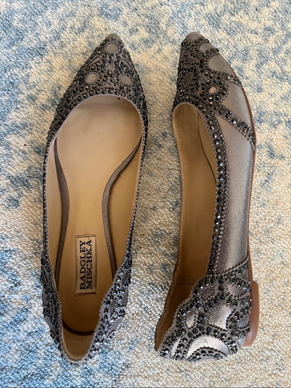 Badgley Mischka Gigi in Pewter / Crystal Embellished Pointed Toe Ballet Flat